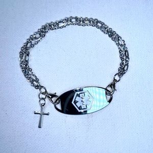 Artisan Handmade Cross Charm Stainless Steel 3 Strand Bracelet Medical Alert Tag